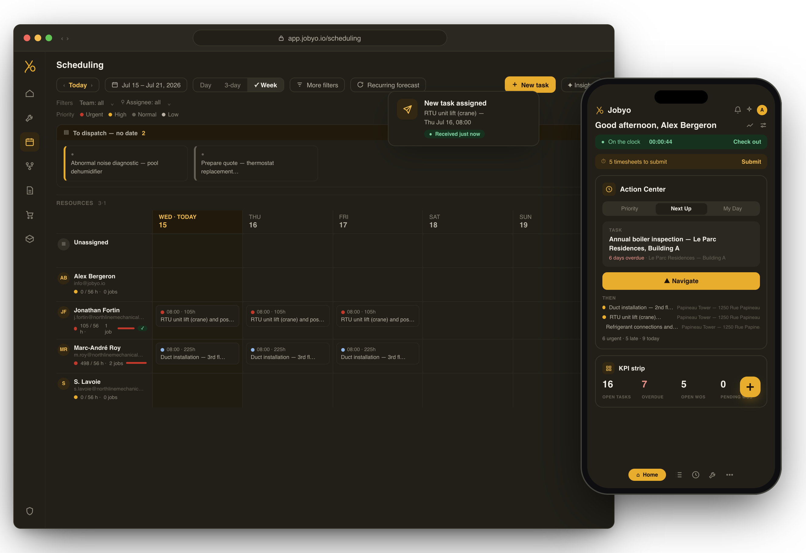 Jobyo scheduling board on the web with the mobile field app, in dark mode — a new task assigned in real time