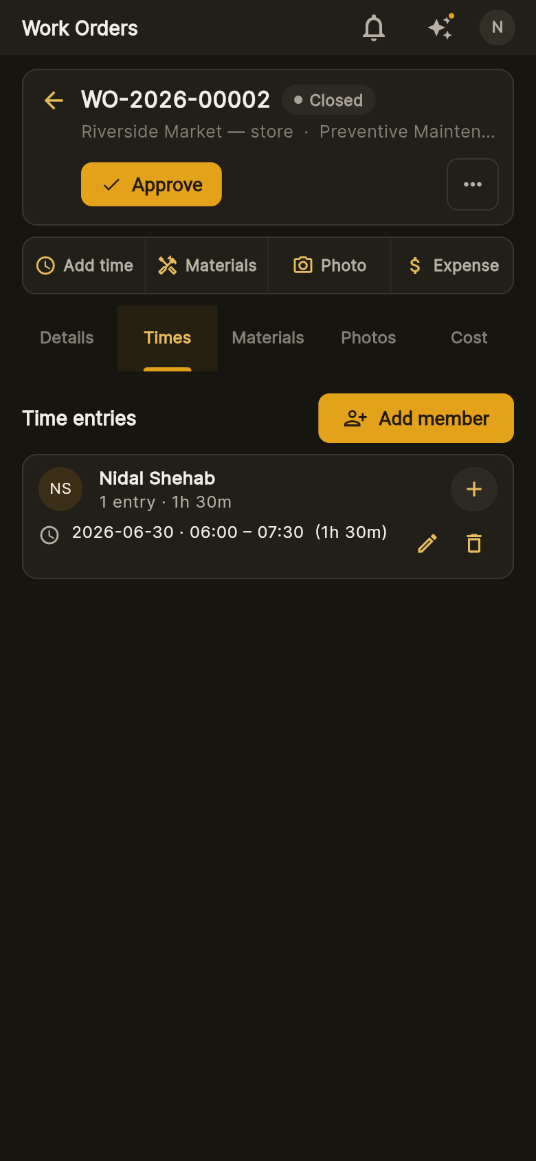 Jobyo work order on a phone — log time, materials, photos and expenses from the field